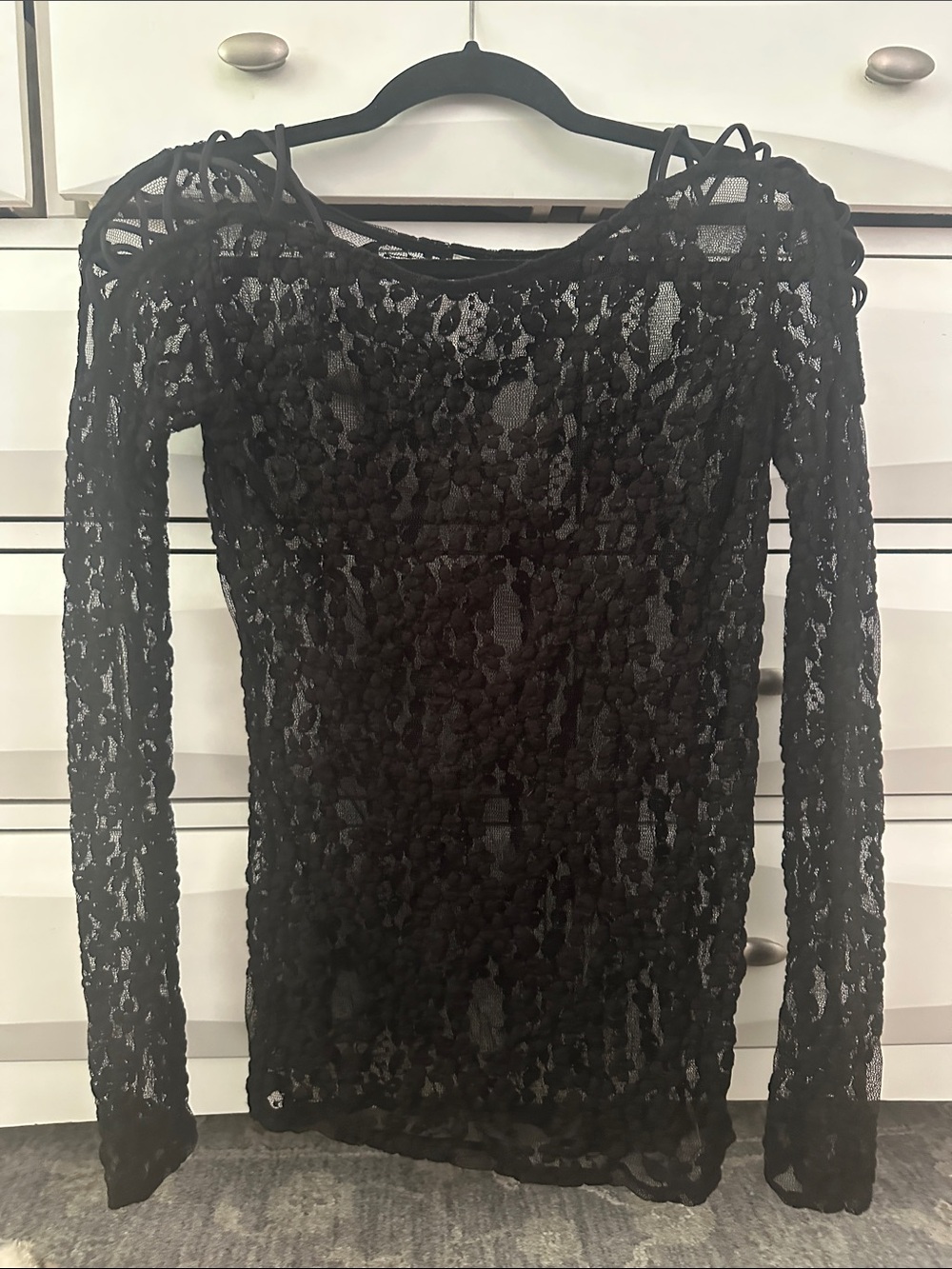 Free People Black Sheer Lace Long-Sleeve Top